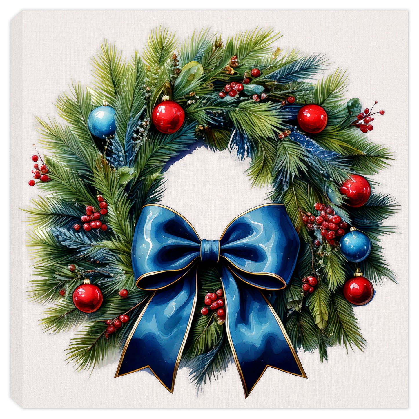 Pine Christmas Wreath with a large blue bow, red and blue ornaments and red berries. Printed on canvas and wrapped.