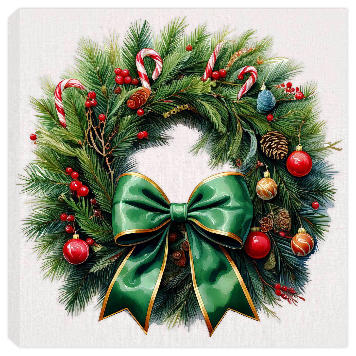 Painting of a Christmas wreath with red ornaments, candy canes, cones and a large green bow. Printed on a canvas wrap.