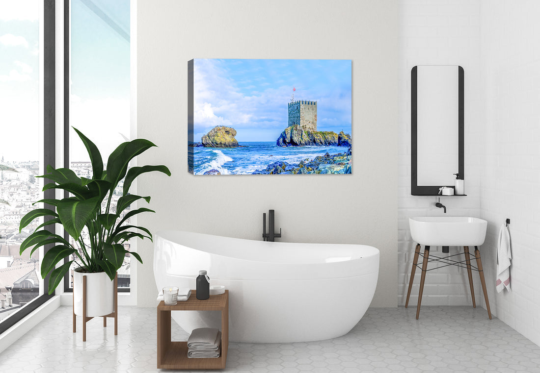 Image of a Castle on the Sea - Printed on Waterproof Canvas - Hanging on bathroom walll