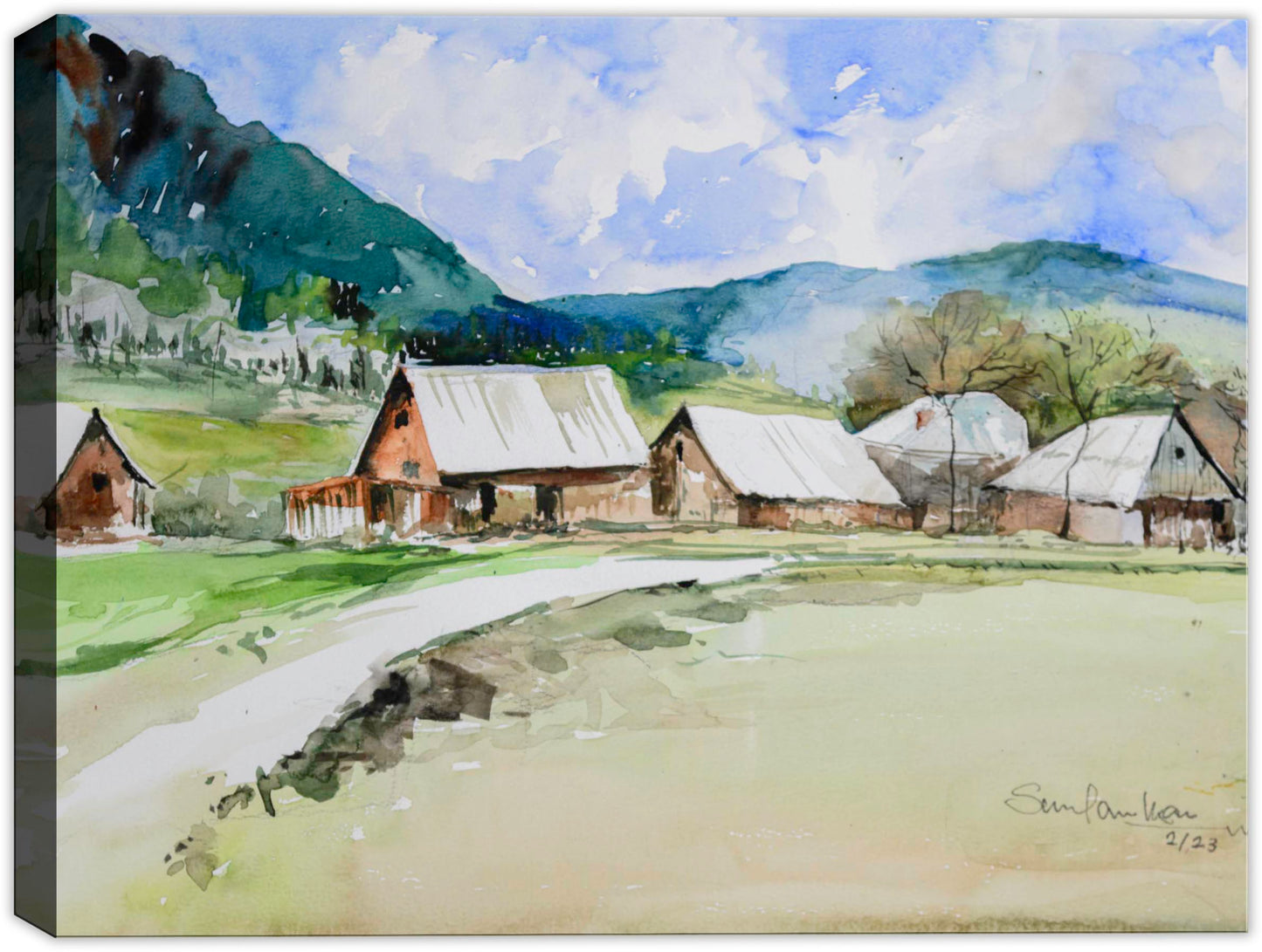 Village in the Hills - Watercolor painting on Canvas