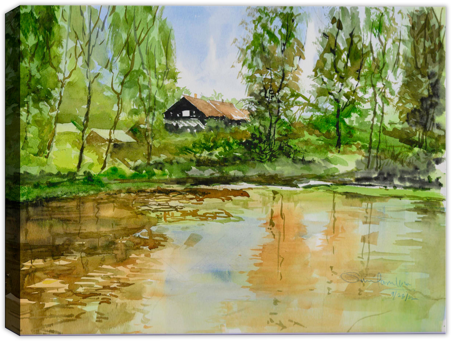Watercolor Painting - On golden pond - On Canvas
