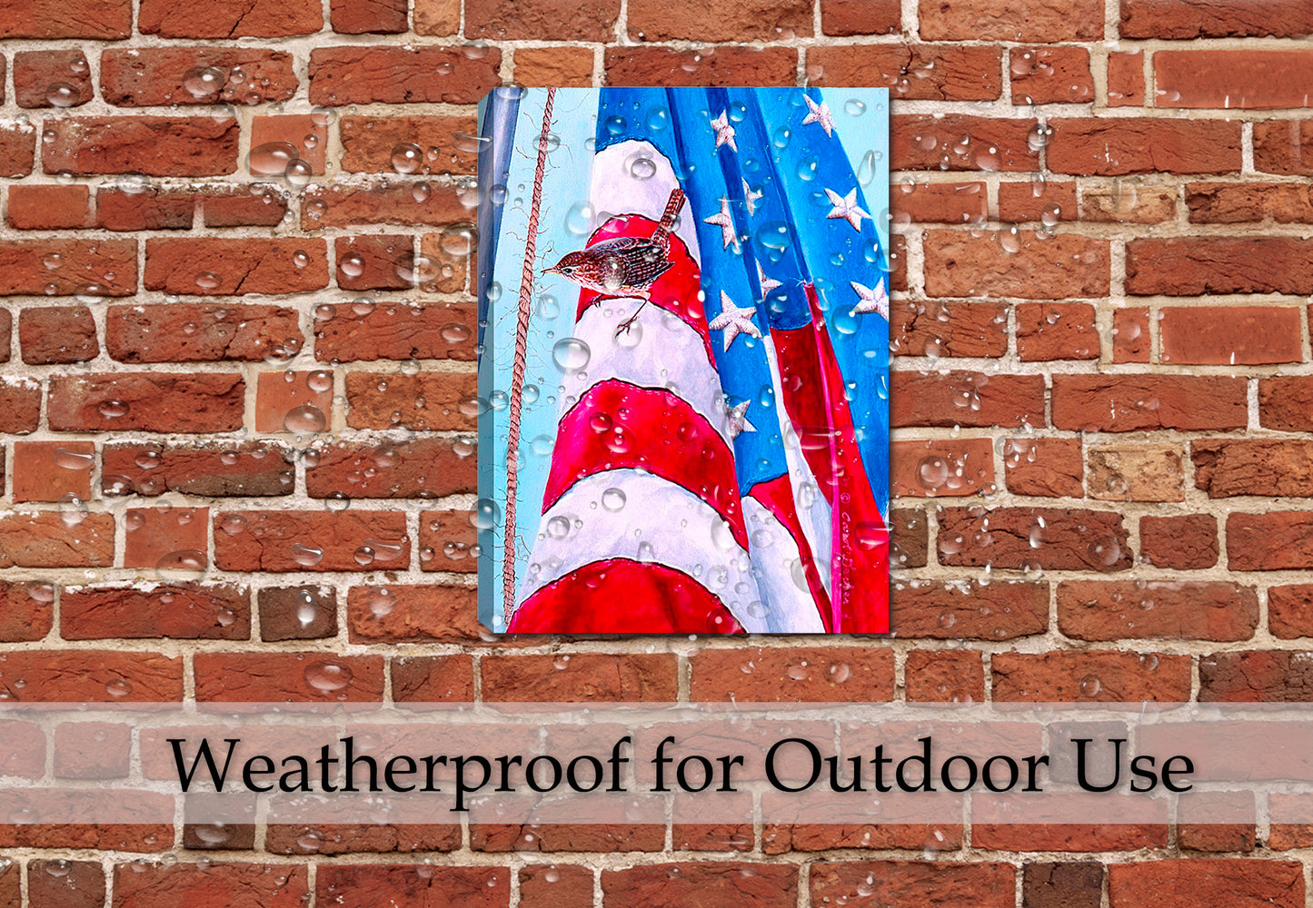 Home of the Free - Bird on Flag - Canvas Print hanging on Patio Brick Wall - Waterproof.