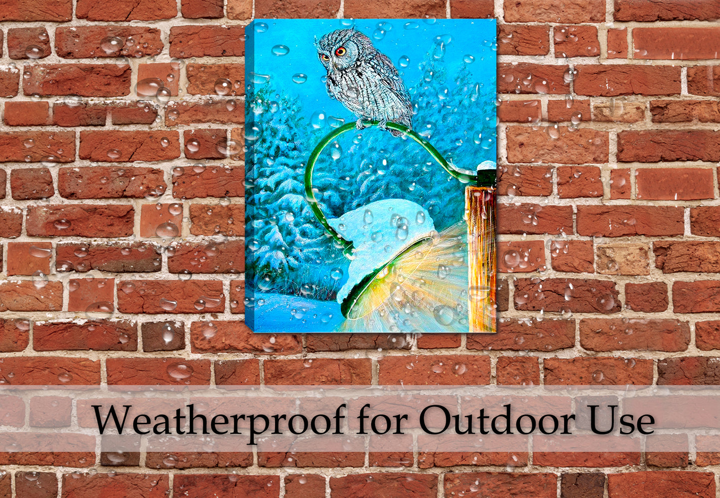 Painting f an Owl sitting on a light post at night. Printed on Canvas - Hanging on a brick patio wall while raining. Waterproof Canvas.