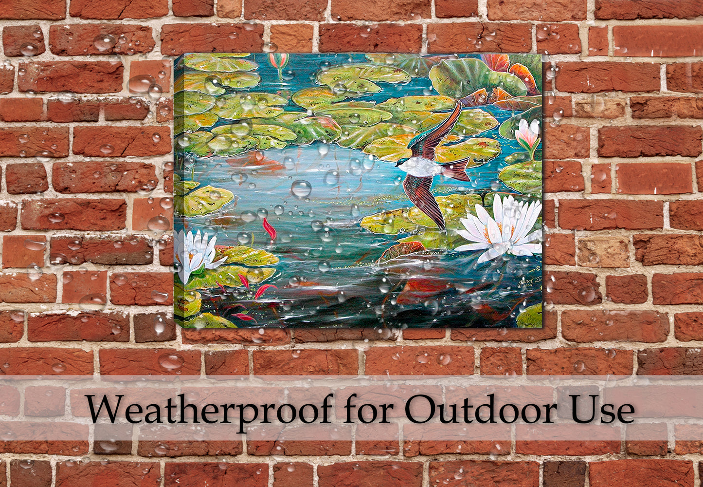Painting of a Tree Swallow in Flight over a pond Lilies. Printed on Waterproof Canvas. Hanging on Brick Patio Wall Wall.