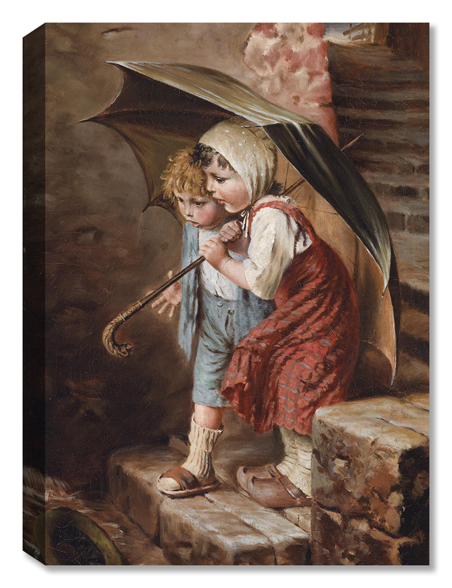 Children in the Rain - Classic Art by Hermann Kaulbach