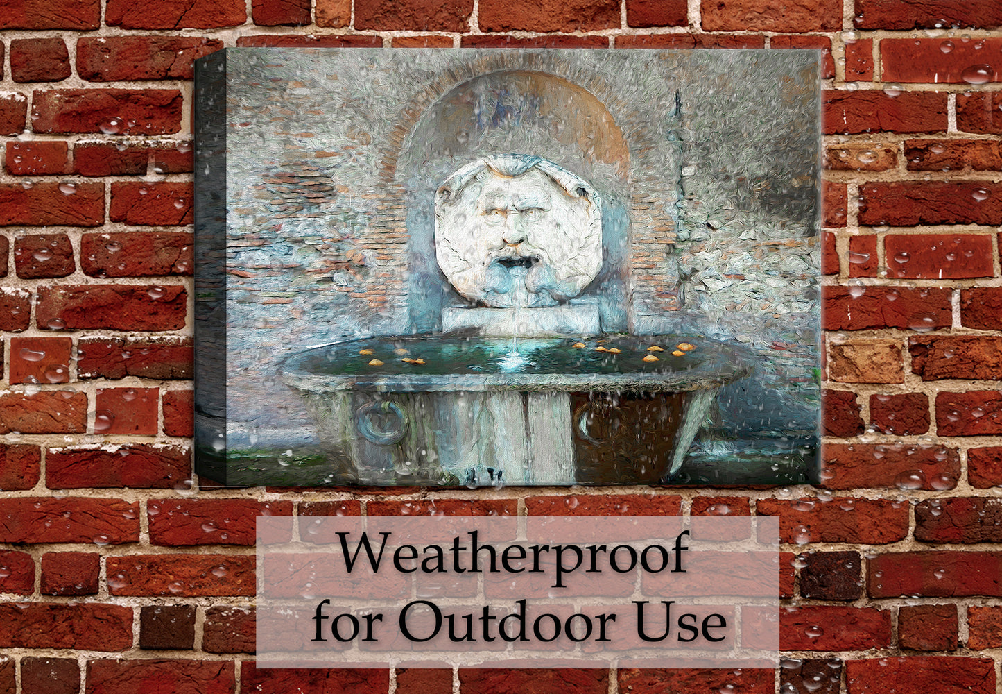 Waterproof Canvas print of Garden of the Oranges. Hanging on Outdoor Patio Wall