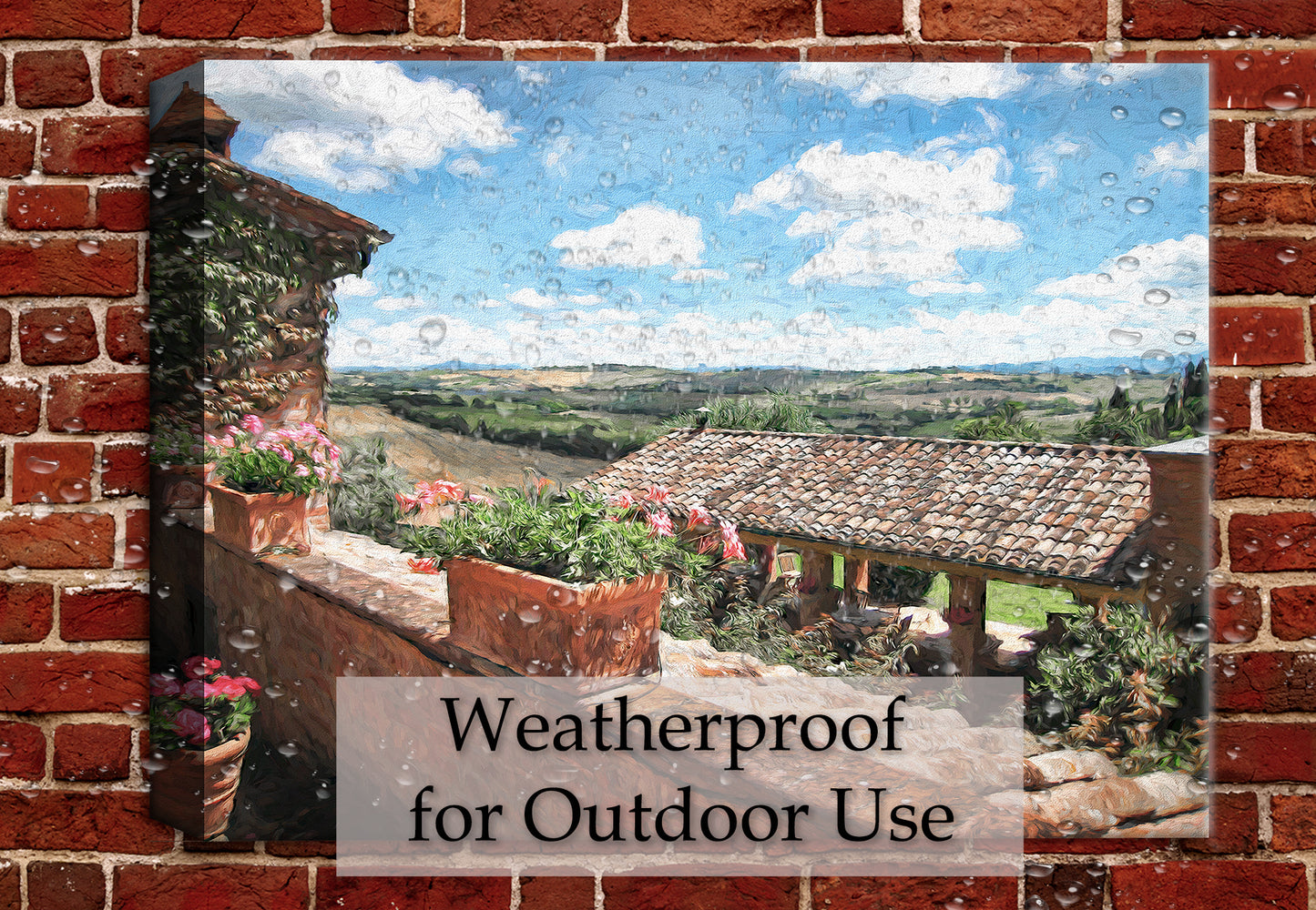 Painting of a Tuscan Village printed on Outdoor Waterproof Canvas - Hung on Patio Wall in the Rain.