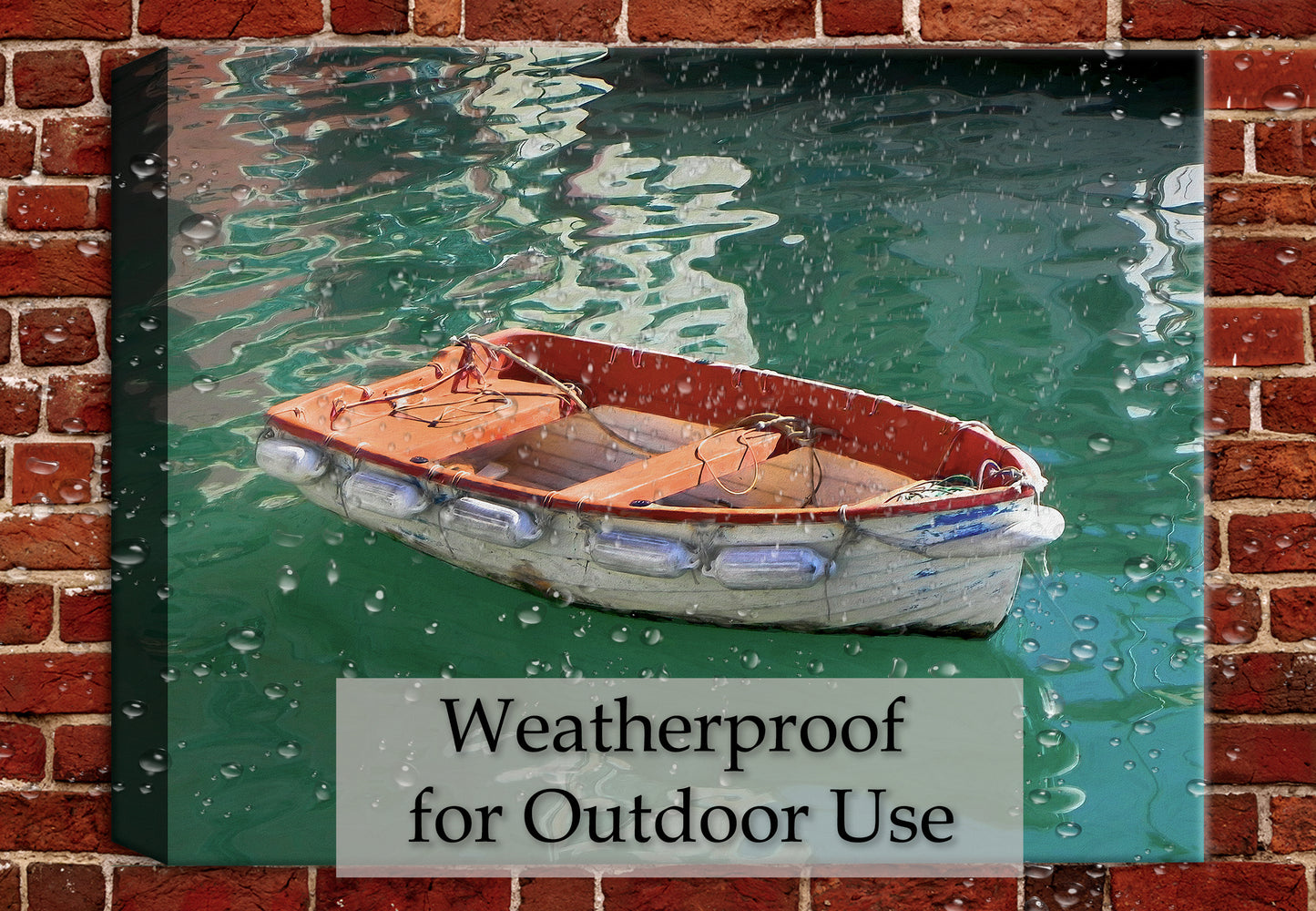 Image of a Row Boat in the Water in Portofino, Italy - printed on Canvas. Hung on a n Outdoor Brick Patio Wall in the rain - waterproof canvas.