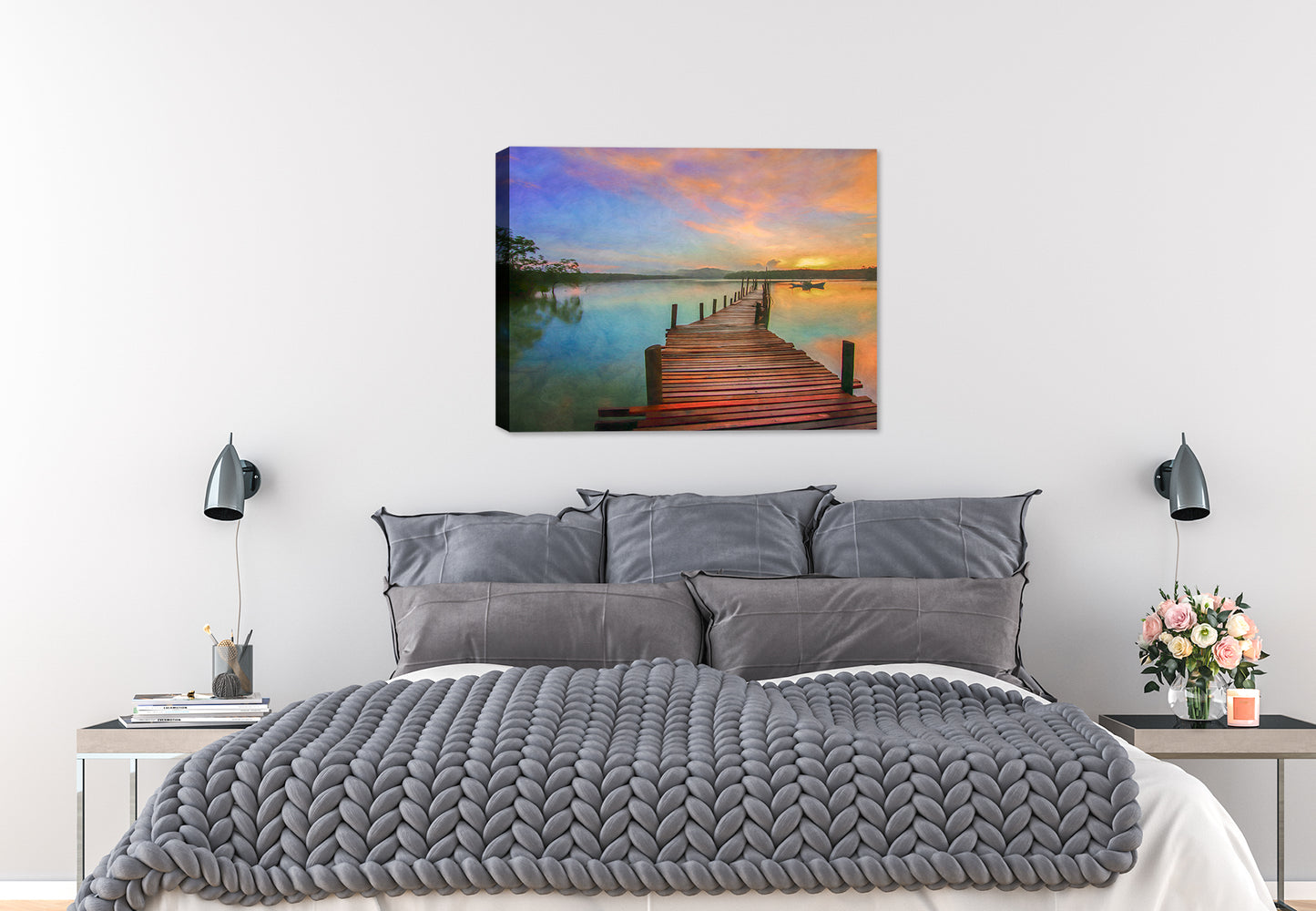 Image of a boardwalk with a boat and sky on a canvas wrap hanging on a wall in a bedroom