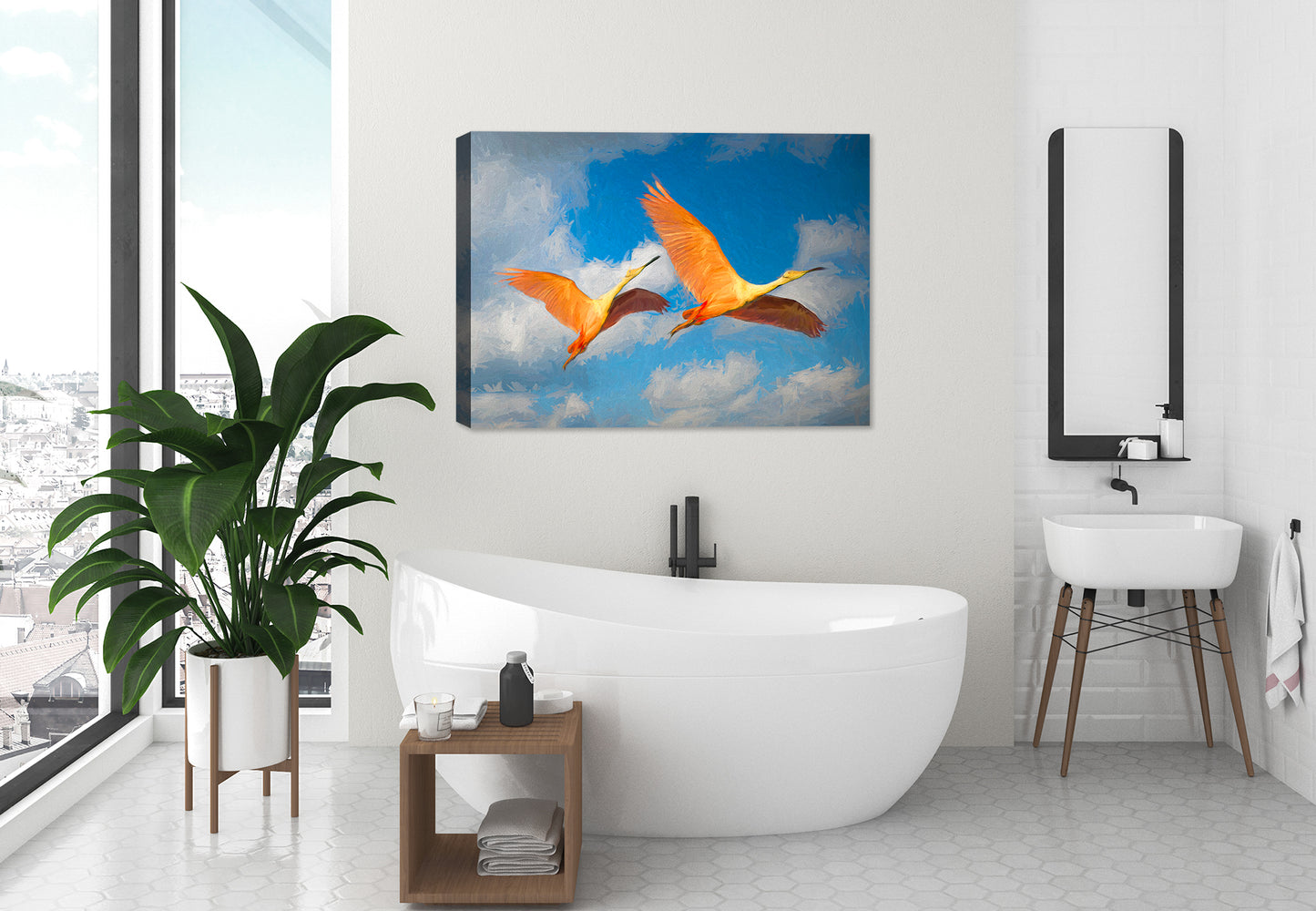 Painting of Spoonbills in Flight - Printed on Canvas - Hanging on Bathroom Wall