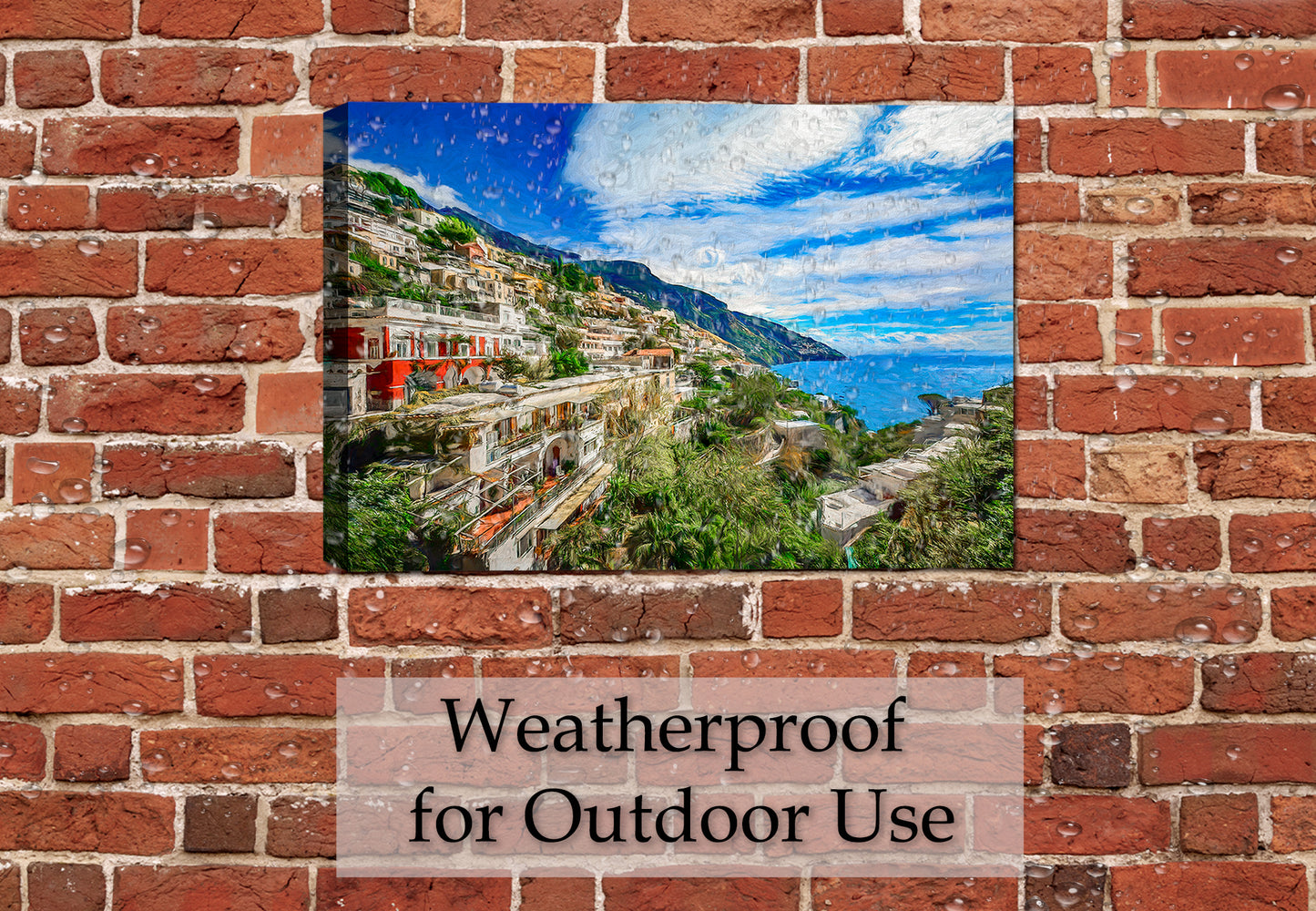 Painting of the Amalfi Coast on a canvas wrap hanging on the wall of a patio