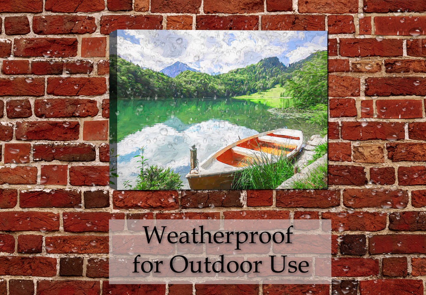 Image of a row boat on a small lake with trees, mountains, and sky ii the background - printed on waterproof canvas for outdoor use. Hanging on a brick patio wall in the rain.