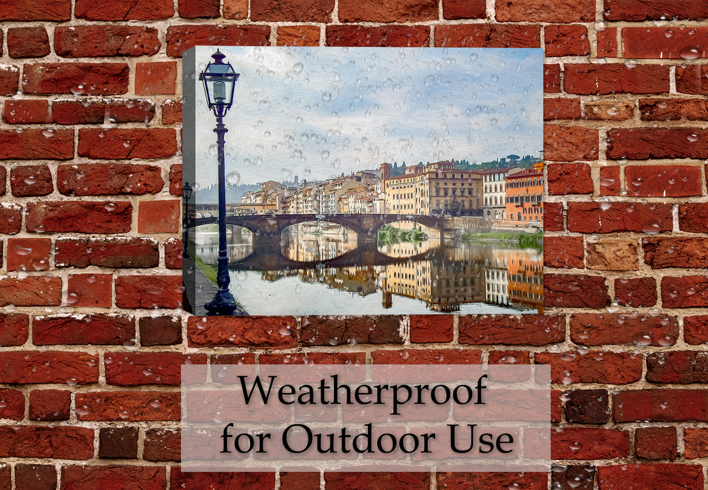 Ancient Bridge over the Water on waterproofed canvas hanging on a outdoor Brick Patio Wall