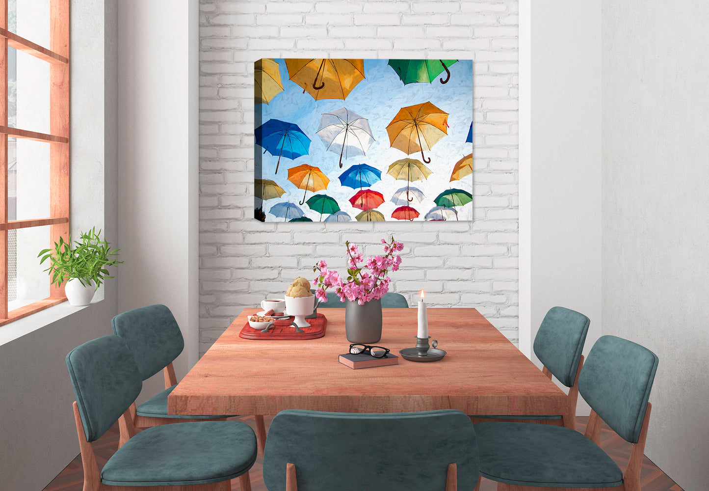 Painting of Multi Colored Umbrellas Floating in the blue Sky - Printed on Canvas - Hanging on a Dining Wall.