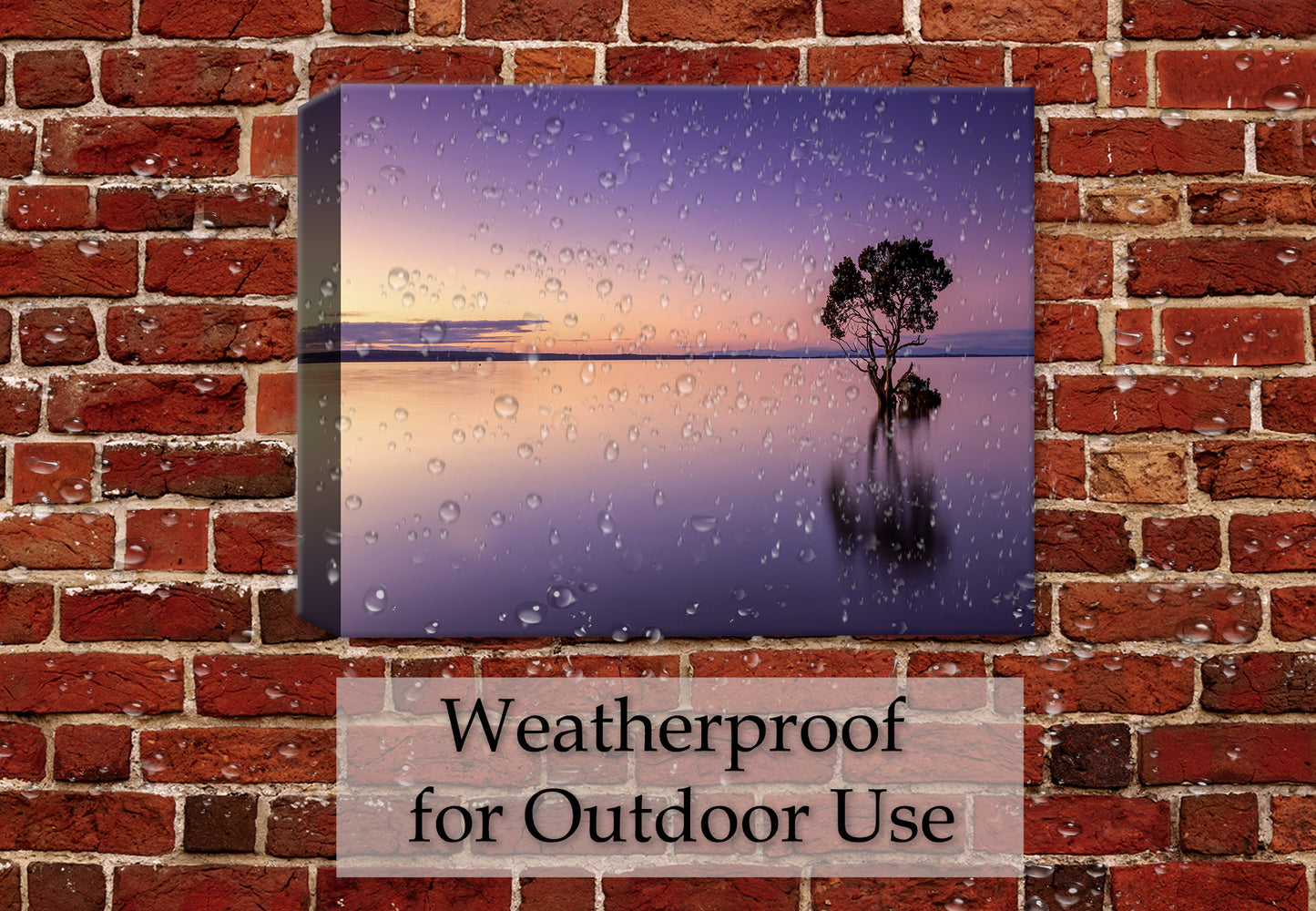 Image of a lone tree in the middle of a purplish colored water and sky. Printed on Waterproof Outdoor Canvas. Hung on a Brick Patio Wall with Rain comin down.
