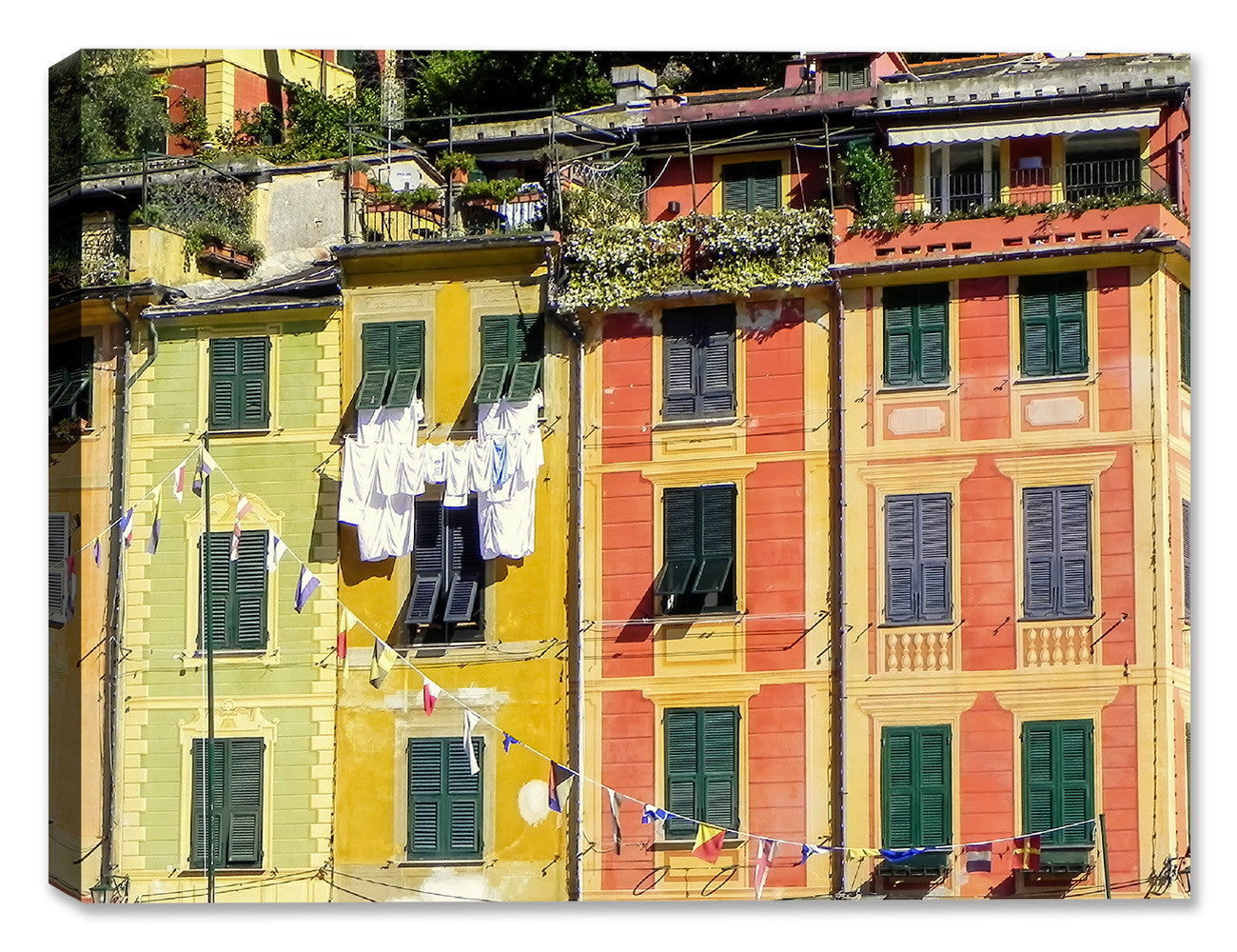 Image of housing with Laundry hanging outside the window in Portofino, Italy. Printed on Waterproof Canvas
