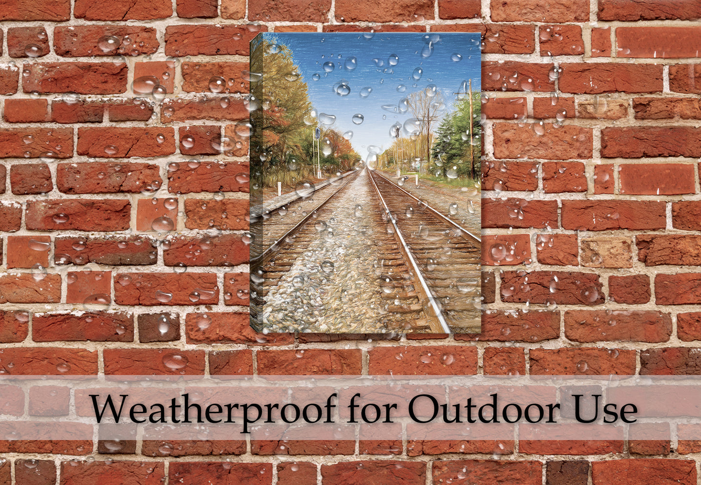 Railroad Track Painting on Canvas - Hanging on Brick Patio Wall in the Rain - Waterproofed Canvas