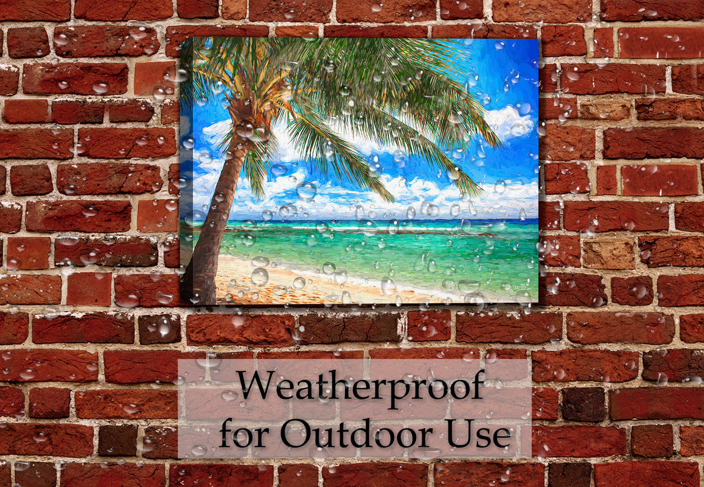 Caribbean Ocean View from Beach printed on Canvas - Hanging on Patio Brick Wall - Waterproof