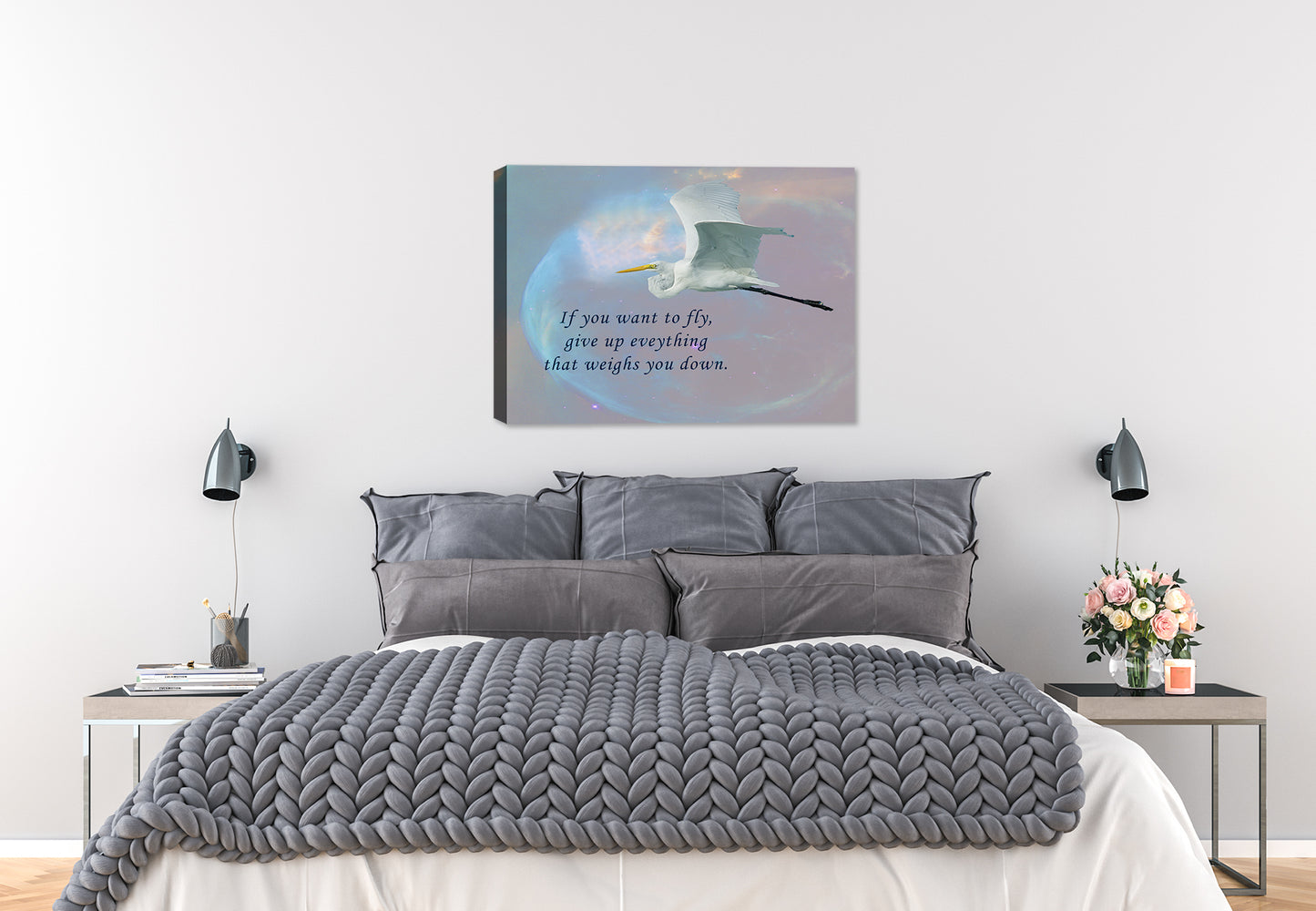 "If you want to Fly" inspirational print on Canvas with White Egret - Hanging on bedroom wall