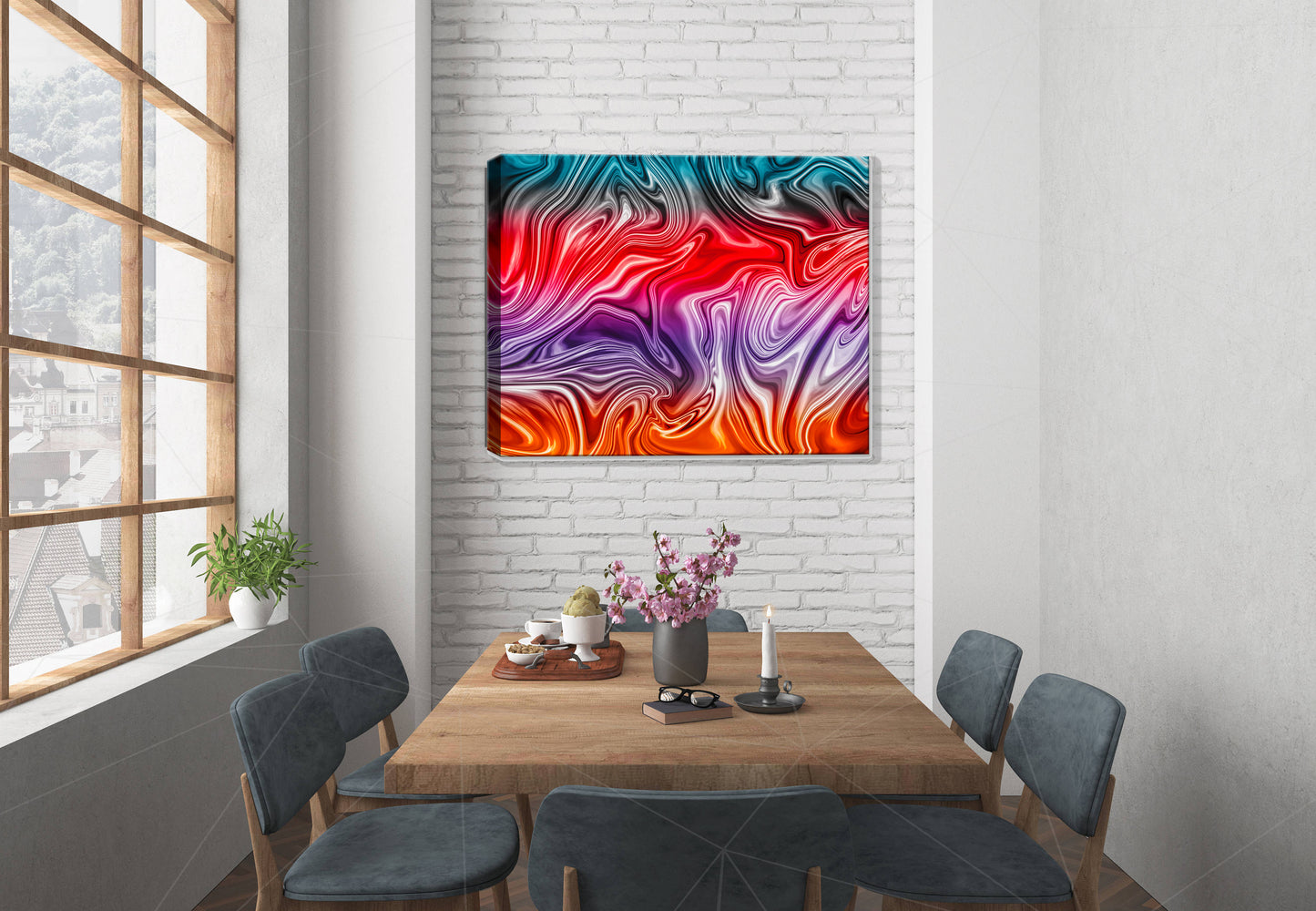 Abstract Swirl on Canvas Hanging on Dining Room Wall