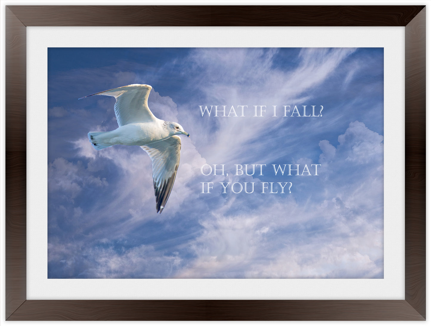 Inspirational Photograph with a Seagull in Flight with Inspirational Quote. - Matted and Framed