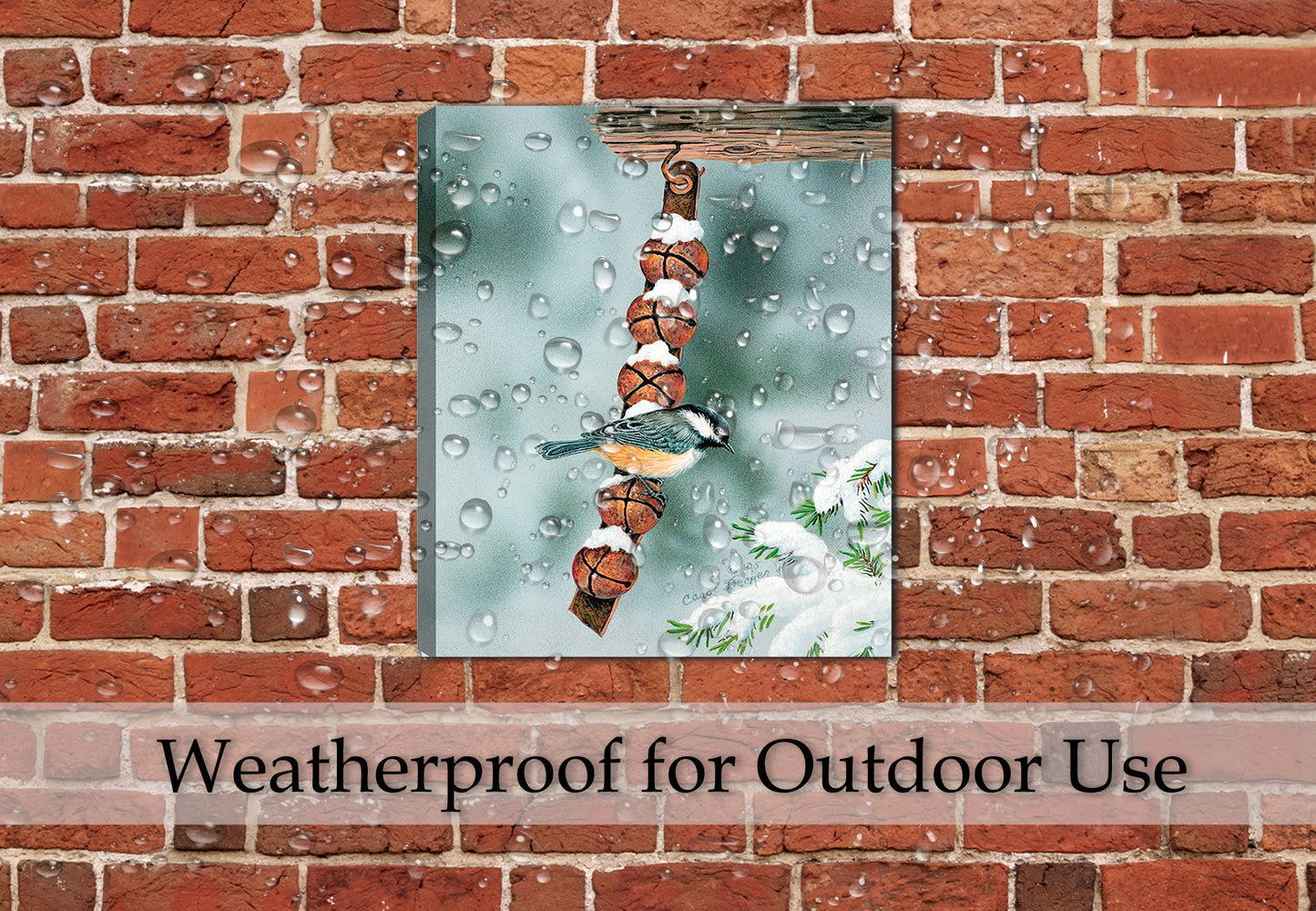 Are you Listening painting by Carol Decker - on Canvas hanging on Brick Patio Wall - Waterproofed