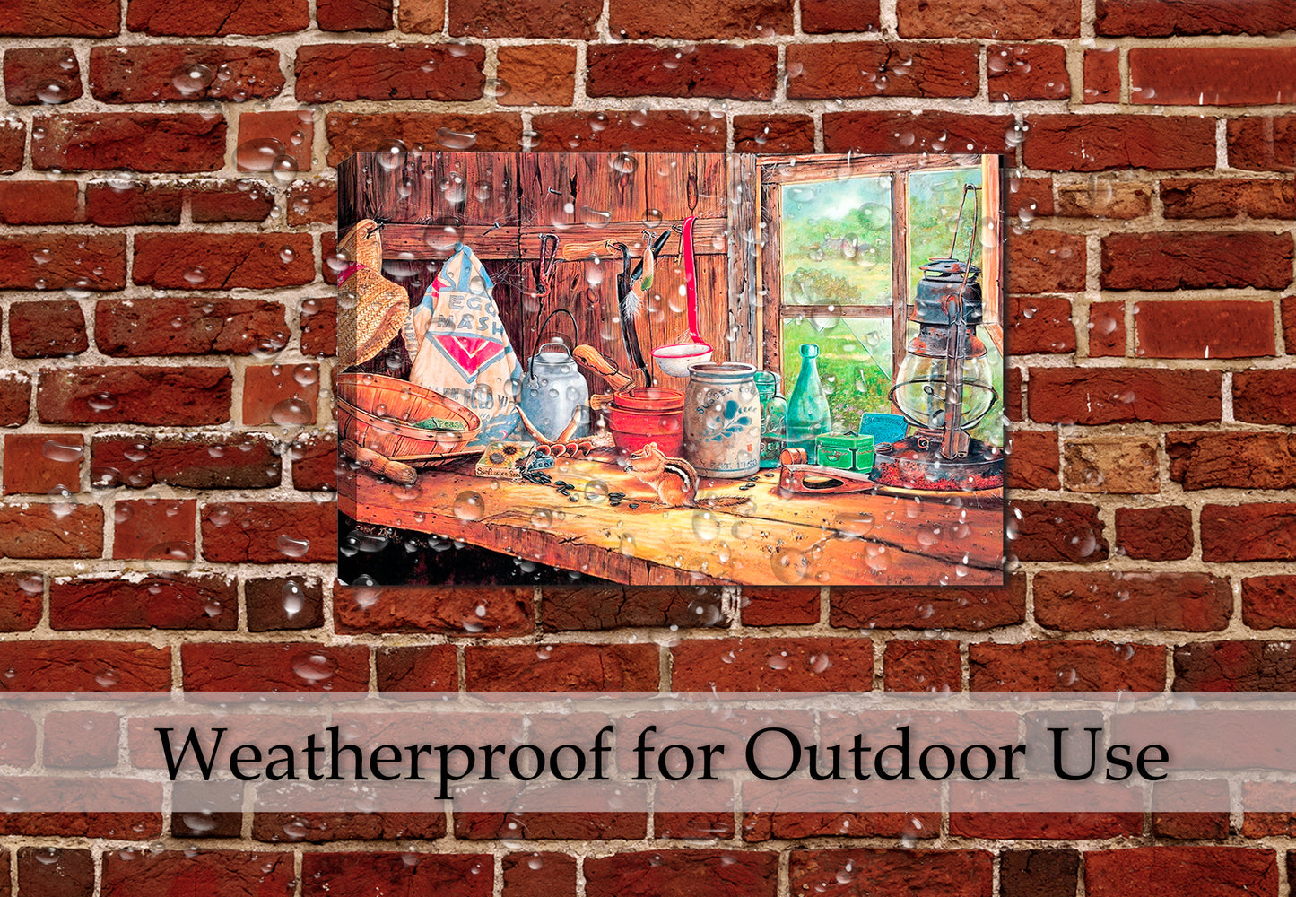 Still Life Painting in a old barn by Carol Decker - printed on a canvas wrap hanging on a brick wall on the patio