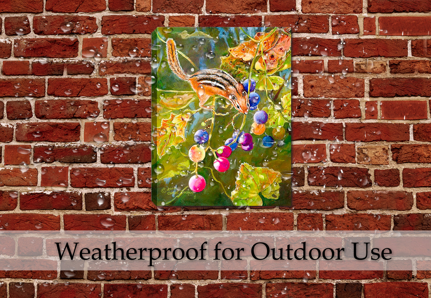 Chipmunk and Grapes Painting hung on Outdoor Patio Brick Wall Room Wall - Waterproof Canvas