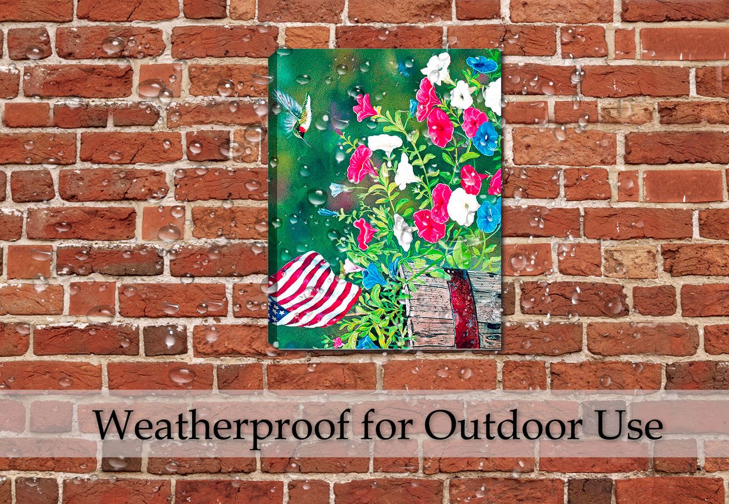 Hummingbird and American Flag - Waterproofed Canvas Print Hanging on Outdoor Patio Wall