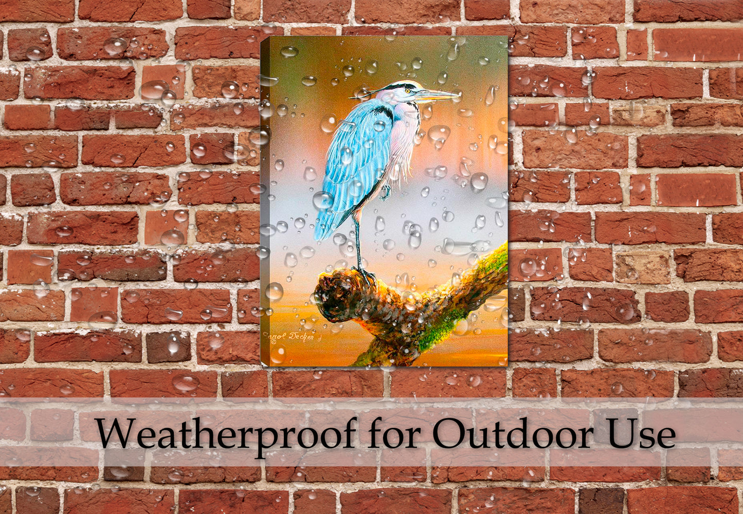 Great Blue Heron on Branch - Waterproof Canvas on Patio Brick Wall - Waterproof.