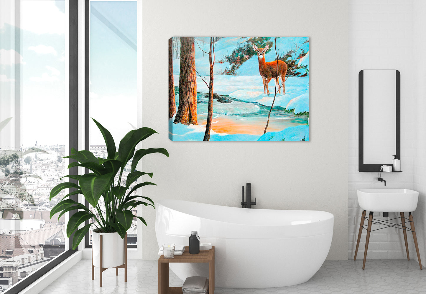 Icy Glow Doe - Painting by Carol Decker - Printed on Canvas. Hanging on Bathoom Wall.
