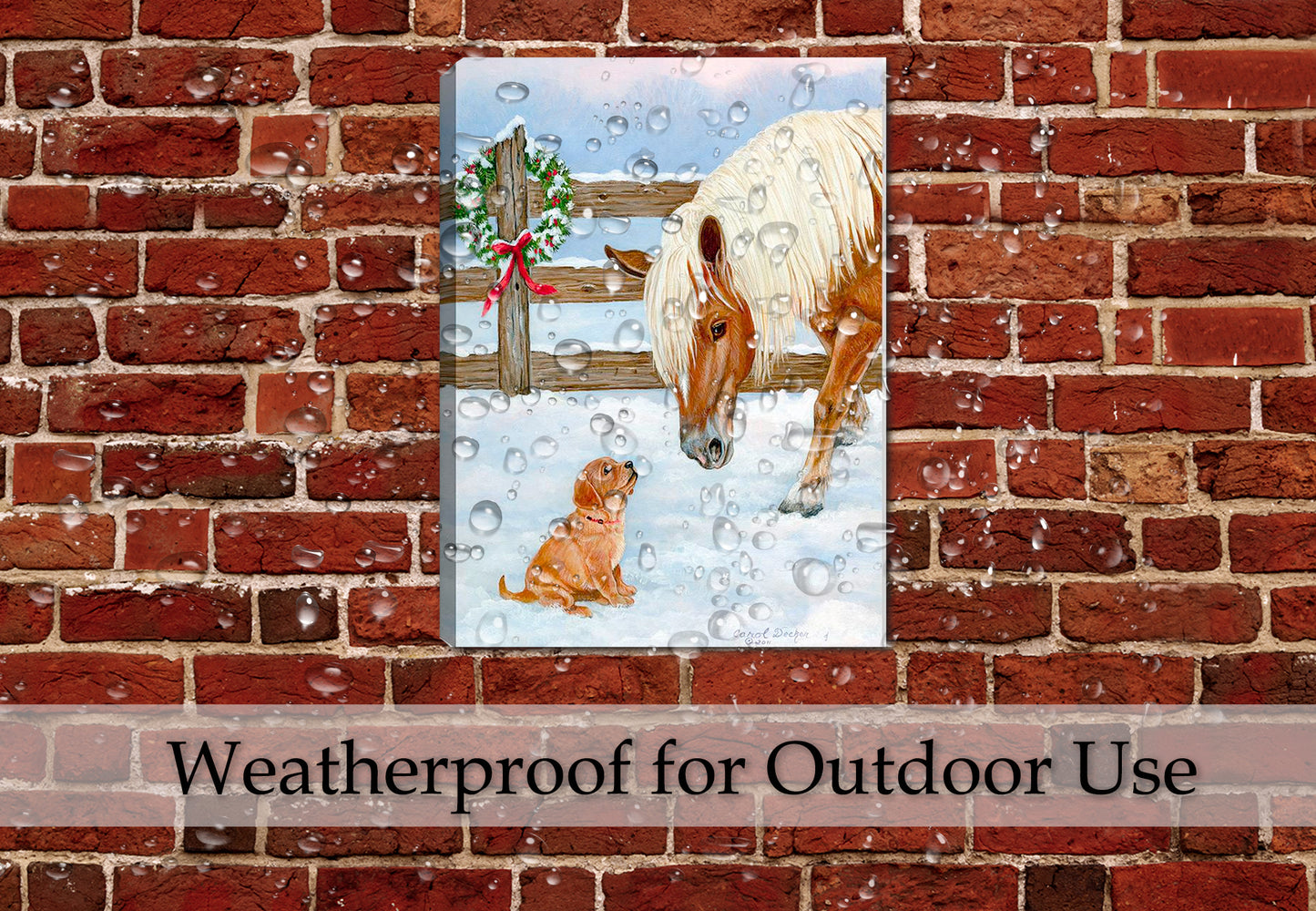 Making Friends - Horse and Lab Pup - Painting printed on Canvas. Hanging on Outdoor Patio Brick Wall in the pouring rain. Waterproofed print.