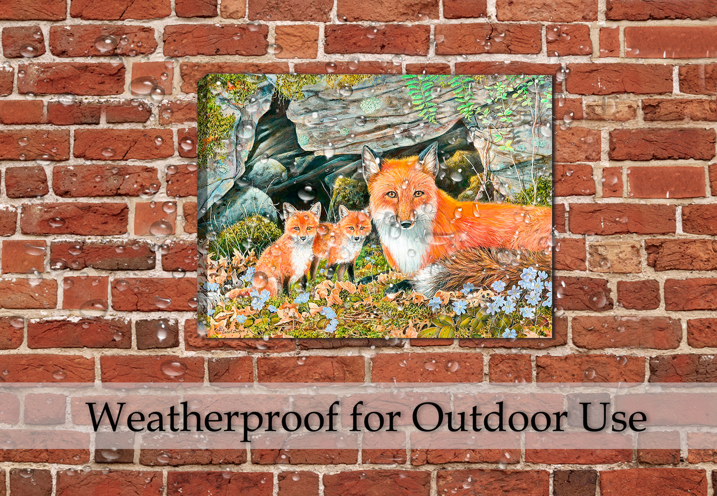 Red Fox Painting on Waterproof Canvas - Hanging on a patio wall in the rain