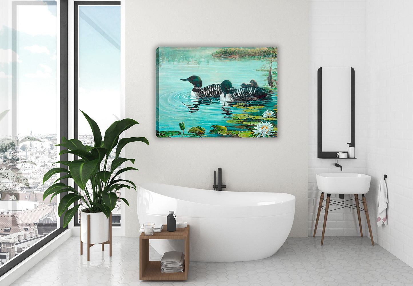 Painting of Loons and Lilies on a pond. Printed on Waterproof Canvas. Hanging on a bathroom wall.