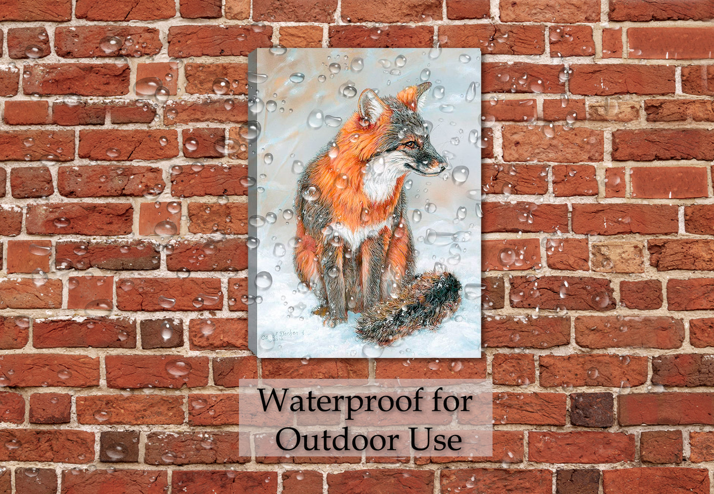 Winter Gray Fox Painting in the Snow - Printed on Waterproof Canvas - Hanging on Patio Wall in the Rain.