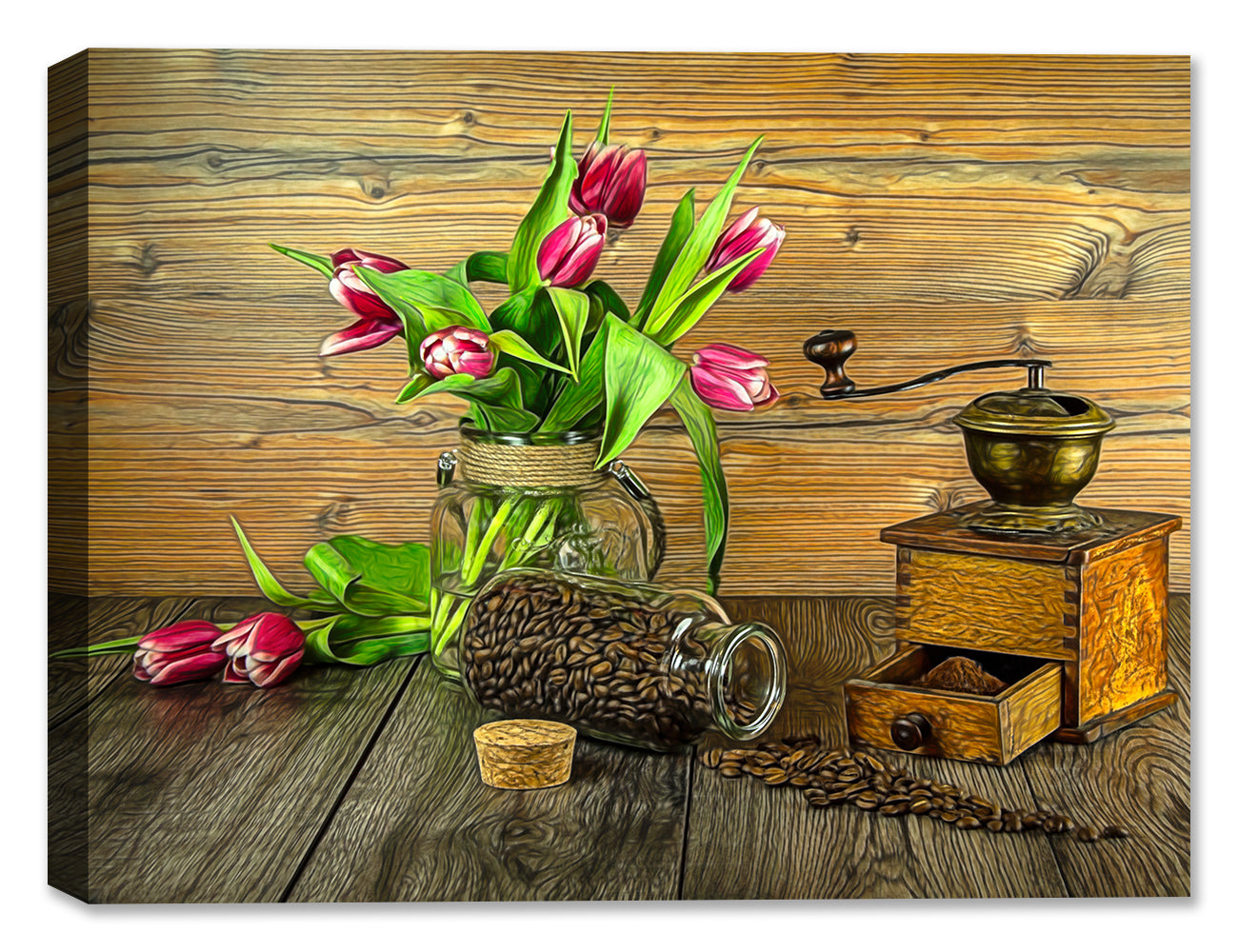 Still Life Painting of a Coffee Grinder and Flowers - Printed on Fine Art Canvas