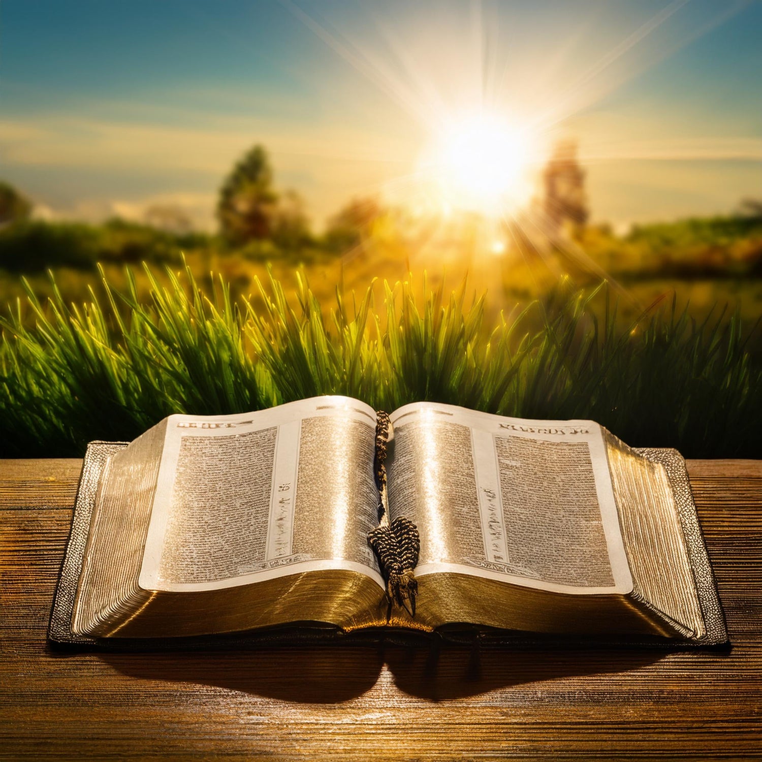 Bible sitting on a table overlooking a sunrise