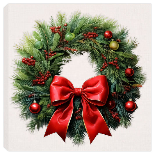 Christmas Wreath printed on Canvas with Large Red Bow and Ornaments