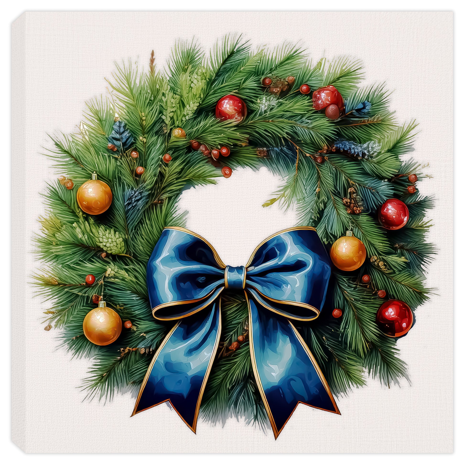 Christmas Wreath with Large Blue Ribbon and ornaments