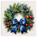Christmas Wreath with Blue Bow and Ornaments | Painting on Canvas