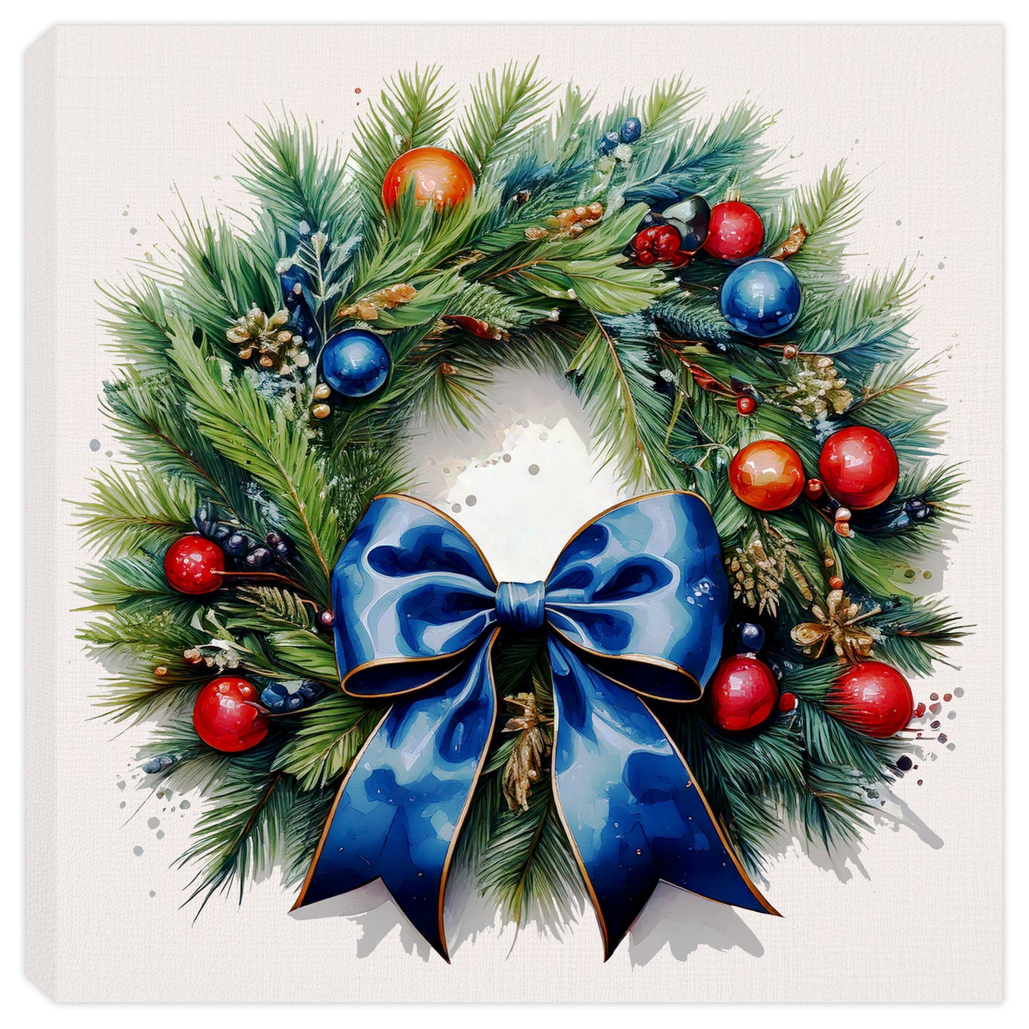 Christmas Wreath with Blue Bow and Ornaments | Painting on Canvas (Copy)