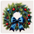 Pine Christmas Wreath with a large blue bow, red and blue ornaments and red berries.  Printed on canvas and wrapped.