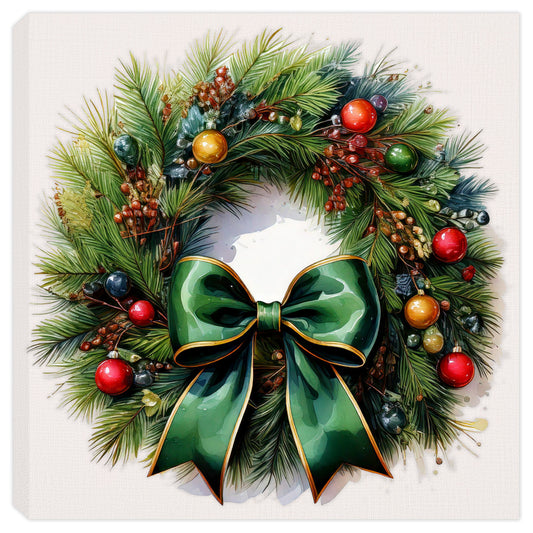 Christmas Wreath with Green Bow, Berries and Ornaments | Painting on Canvas