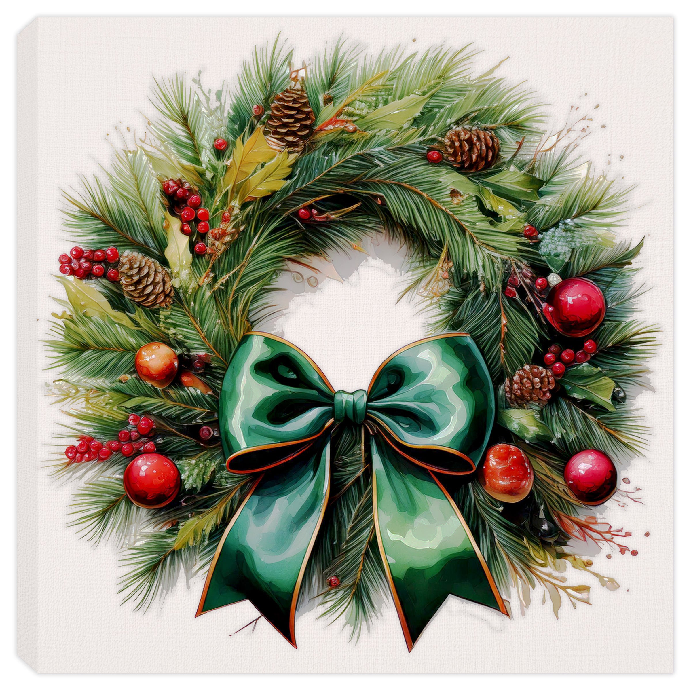 Painting of a Christmas wreath with a large green bow with ornaments, red berries, cones, large green bow.  Printed on a canvas wrap