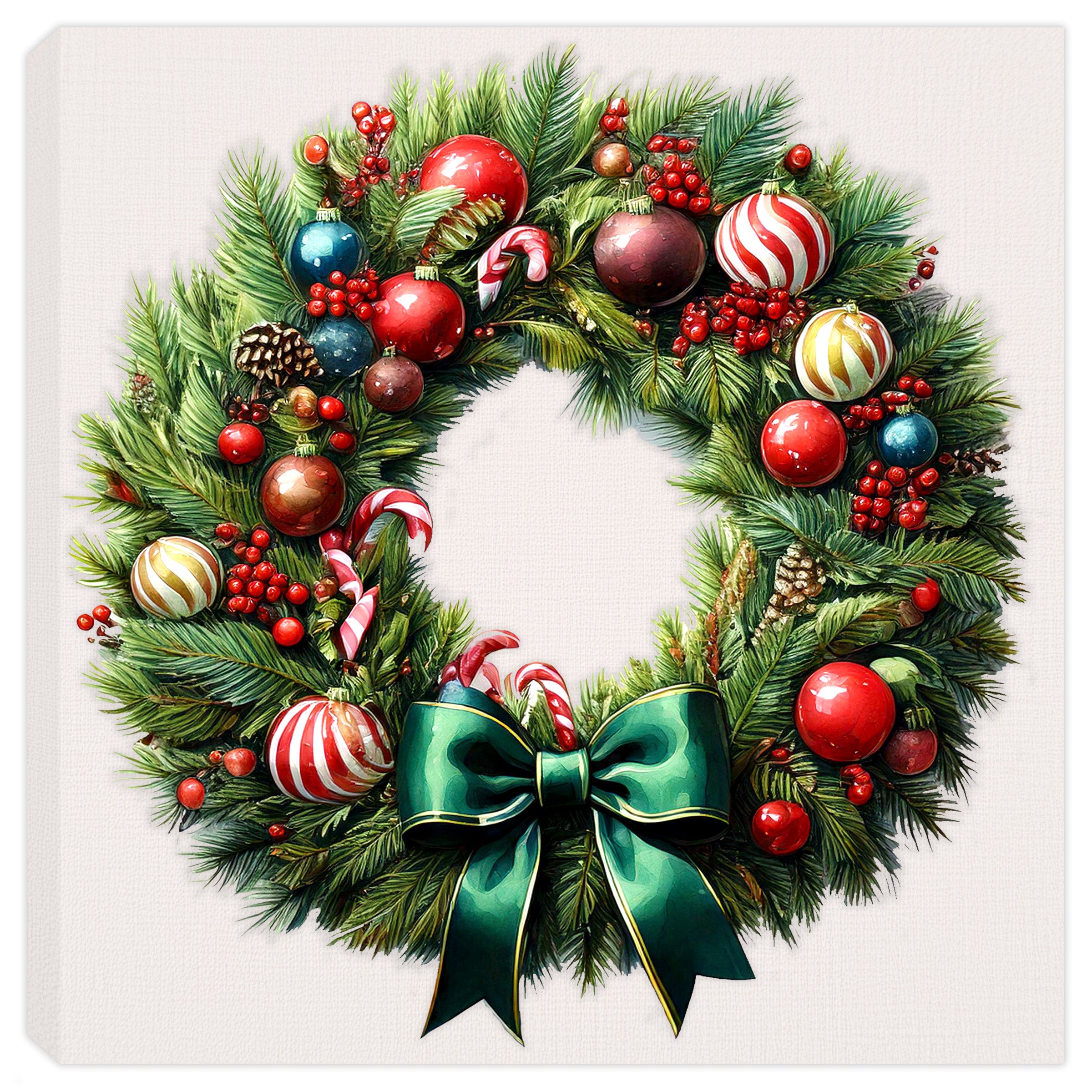 Painting of a pine wreath decorated with various ornaments, berries, candy canes and a large green ribbon.  Printed on Canvas.