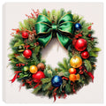 Christmas Wreath  with a large green bow, red, blue, and yellow ornaments, red berries on a pine wreath base.  Printed on a Canvas Wrap