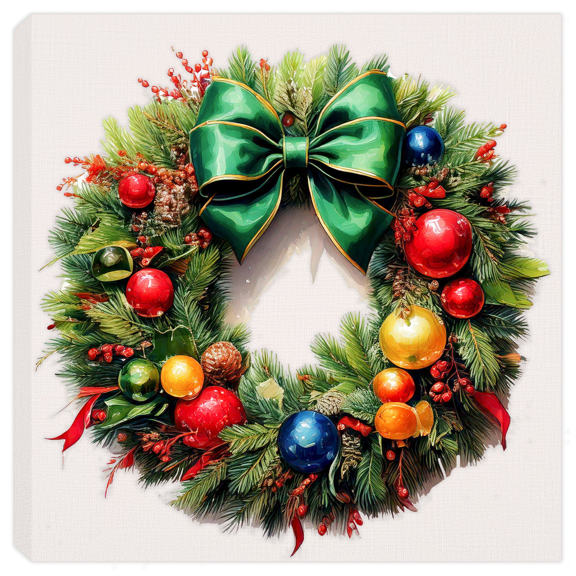 Christmas Wreath  with a large green bow, red, blue, and yellow ornaments, red berries on a pine wreath base.  Printed on a Canvas Wrap