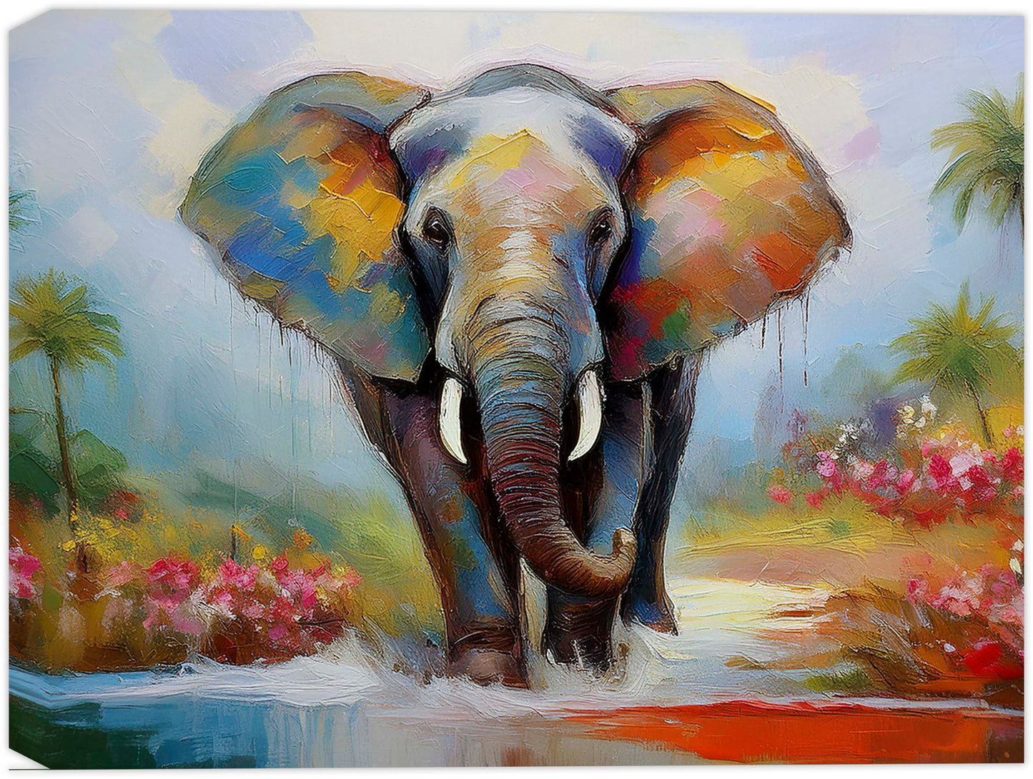 Painting of an Elephant Looking Forward as it is walking through the water