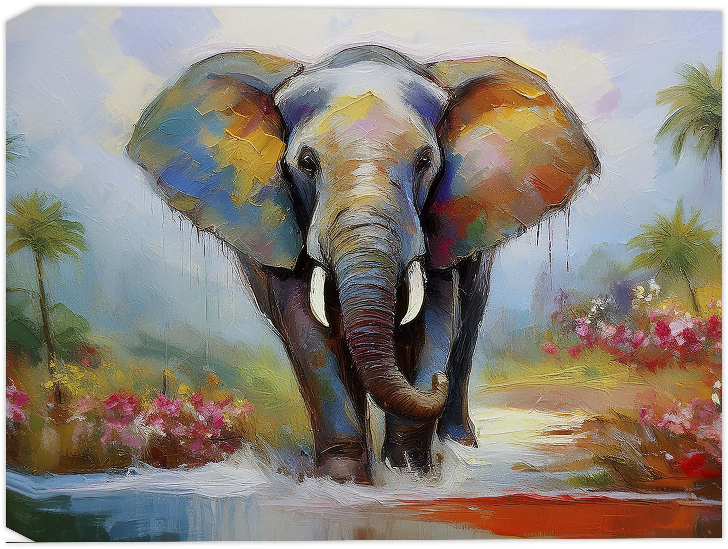 Painting of an Elephant Looking Forward as it is walking through the water
