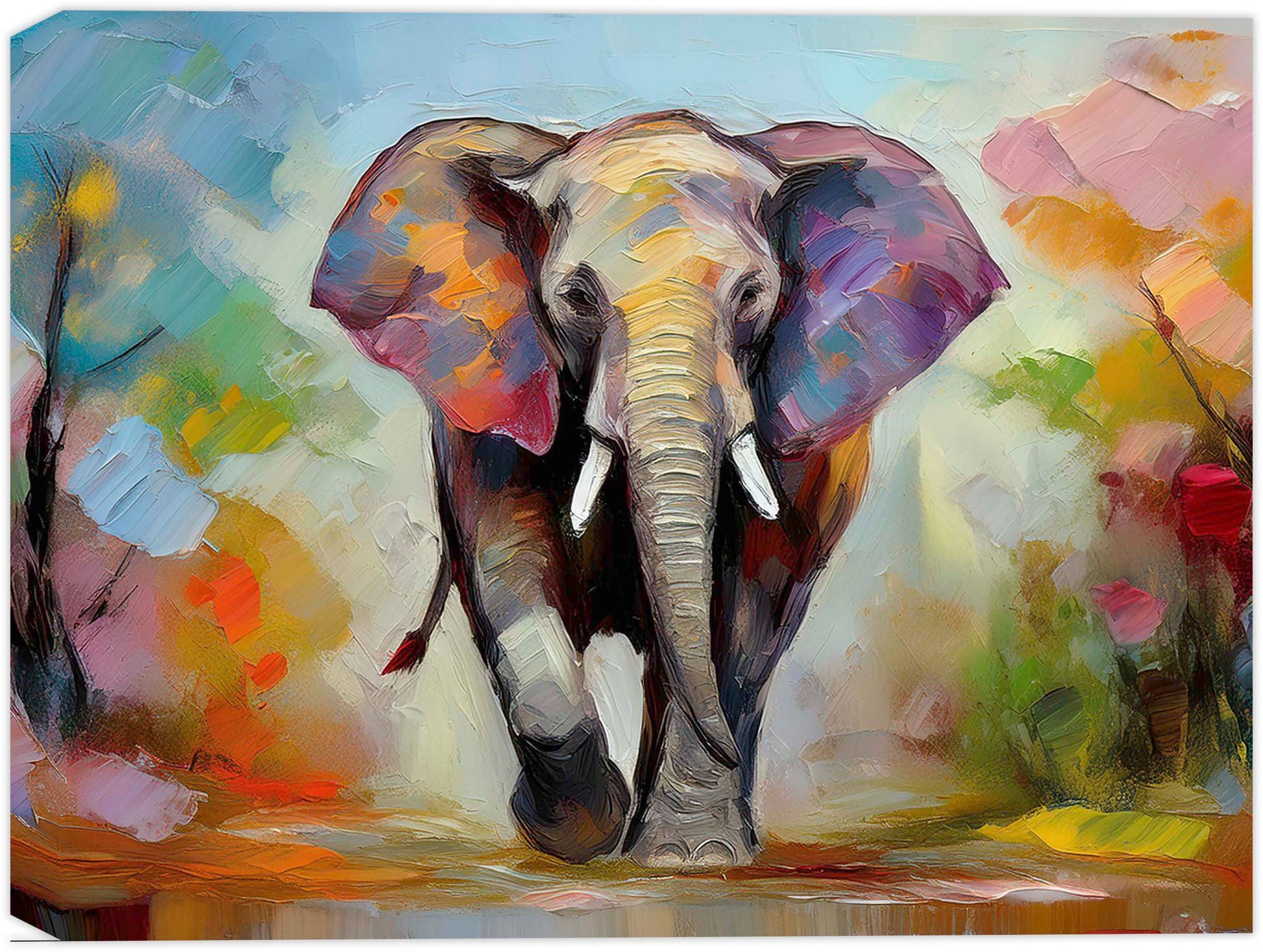 Multi color painting of a a single elephant walking toward the water.